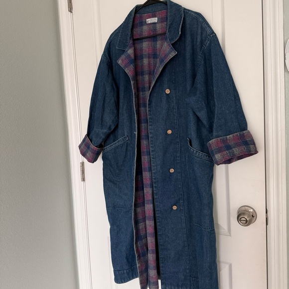 Vintage 80’s Denim Long Duster Blue Pink Plaid Lined Long Coat Sz L Jean Heavy - Picture 6 of 17